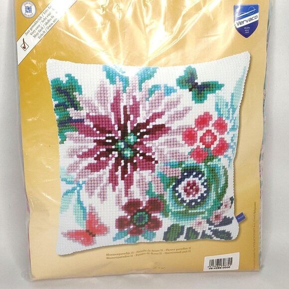 Flower Paradise II Butterfly Cross-Stitch Pillow Cover Blue Pink Floral 0154266 - Picture 2 of 3